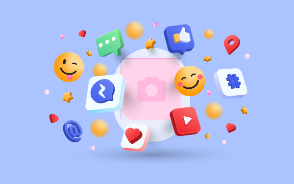 Illustration d'éléments liés aux réseaux sociaux : smiley, logo, likes,…